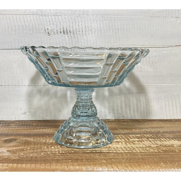 Vintage 1950's Jeannette Glass Louisa Star Lite Blue Footed Compote Bowl 9" Dia - Picture 12 of 12